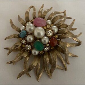 Pearl Multi Cabochon Gemstones Rhinestones Gold Tone Statement Brooch